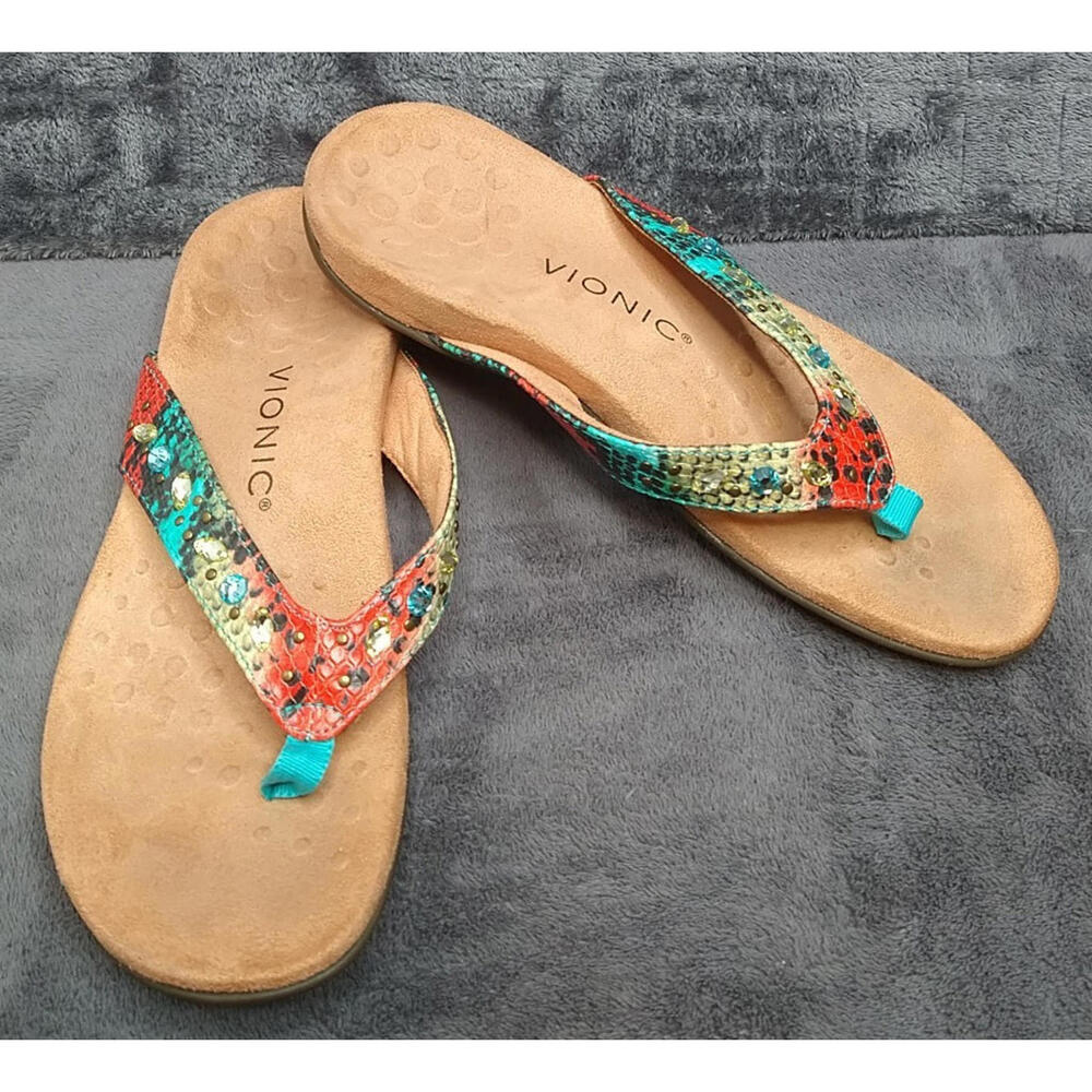 Vionic Women’s 7 Lucia Snake Print Studded Rhinestones Thong Flip Flop Sandals